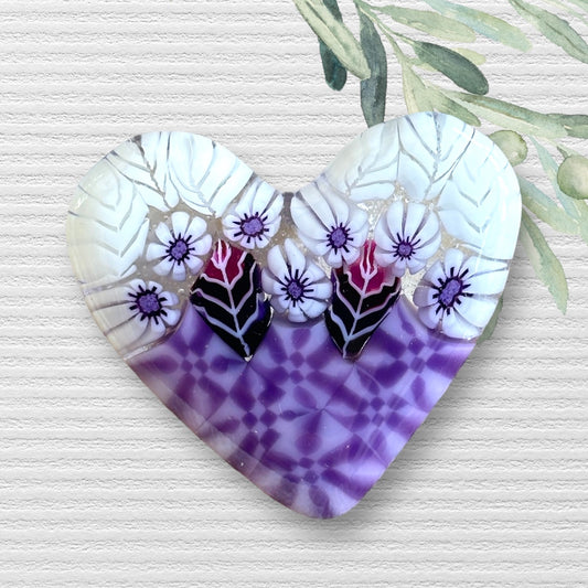 Fused Glass Heart ~ Snowy Lilac