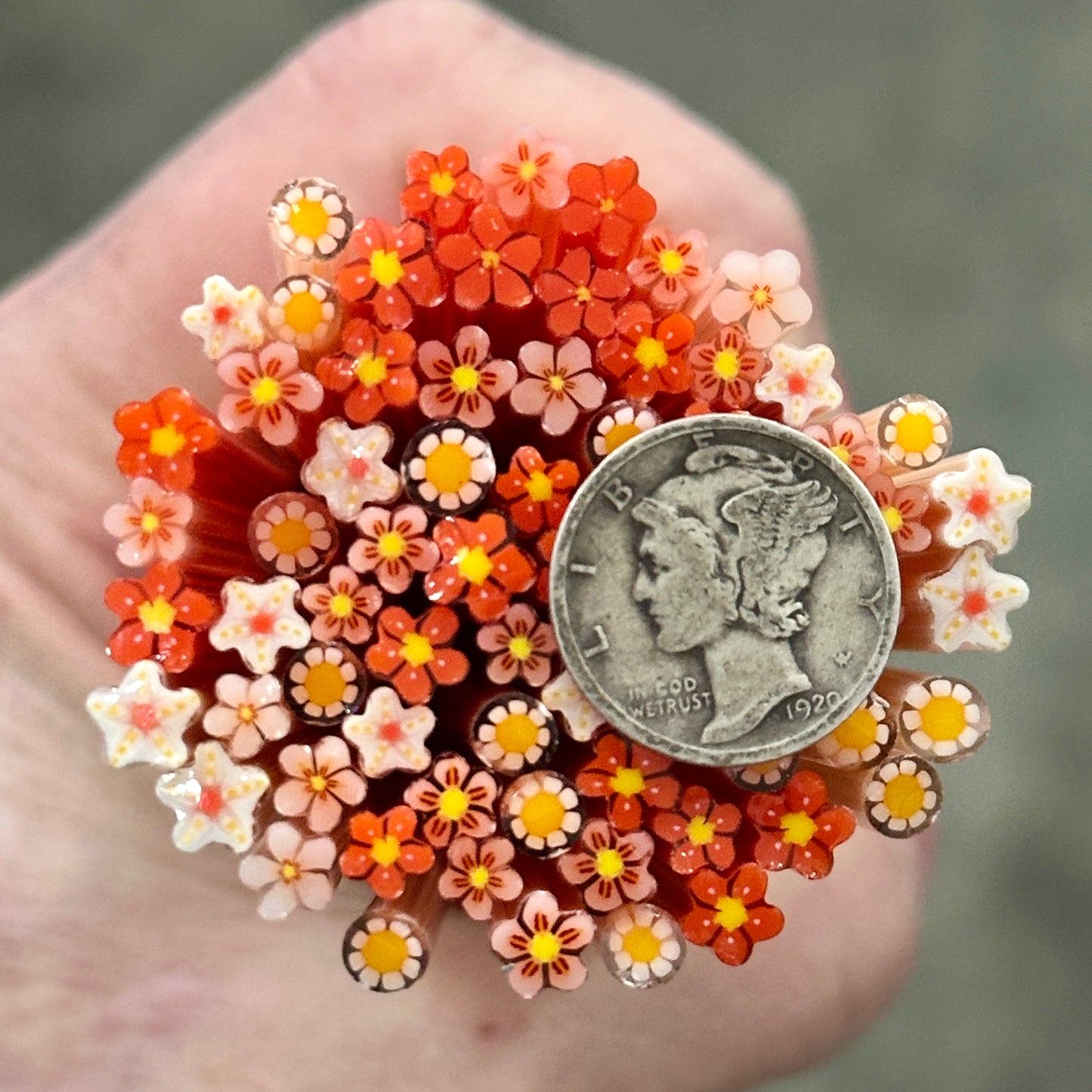 Tiny Mixed Reds 2oz coe 90 Flower Murrini TINY RODS (FOUR)