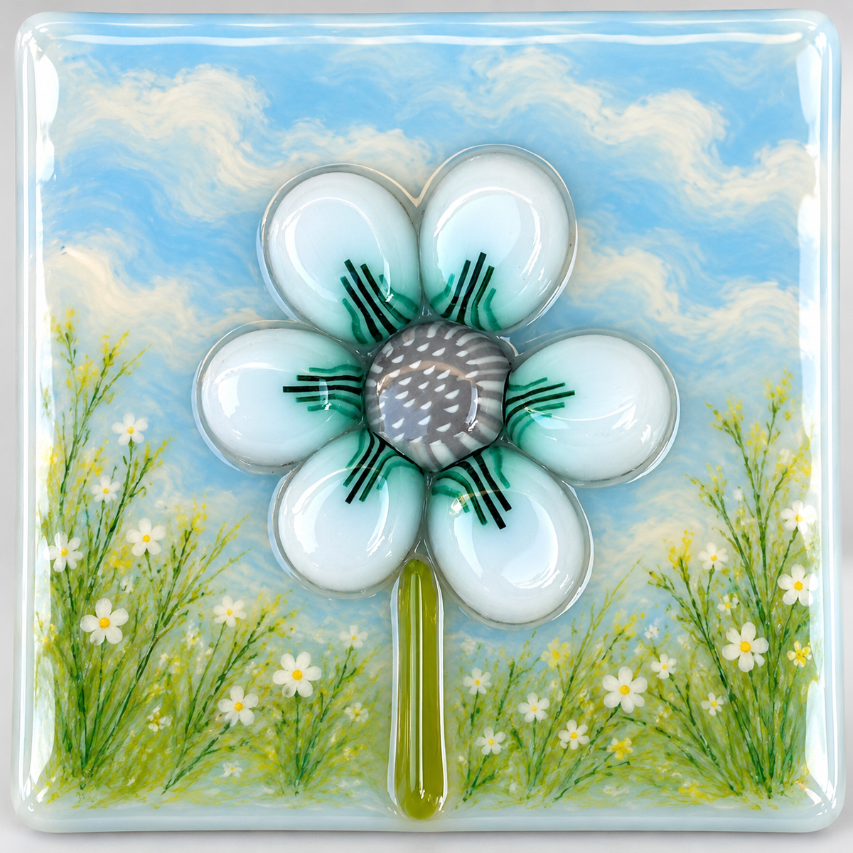 White and Green Petals with Grey Center coe 90 Petal Murrini